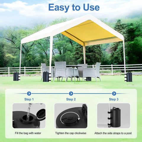 Heavy Duty Canopy Water Weights Bags 88 Lb Tent Anchors 10L Water Bags Windproof Stabilizers for Outdoor Pop Up Tents Gazebos Shelter 4 Pack Black Storm Ready shown under a gazebo with step-by-step usage guide.