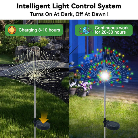 Outdoor Solar Firework Lights 120 LED 2 Pack Waterproof Garden Decor Multicolor during day and night in yard