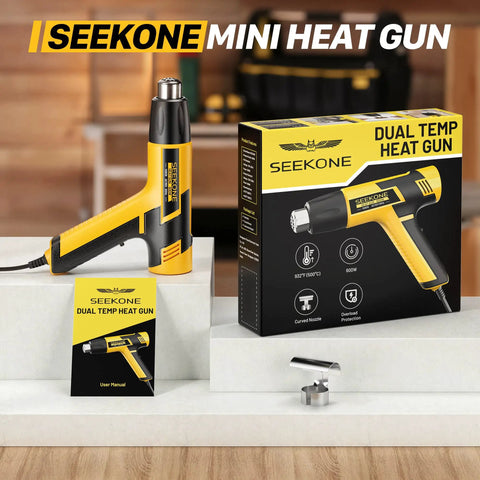 Mini Heat Gun Dual Temperature 600W With 572F And 932F Settings displayed with box and user manual
