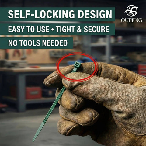 Hand holding a green zip tie in a workshop, showcasing self-locking design of the 200 Piece Green Nylon Zip Ties Pack Of 8 Inch Self Locking Cable