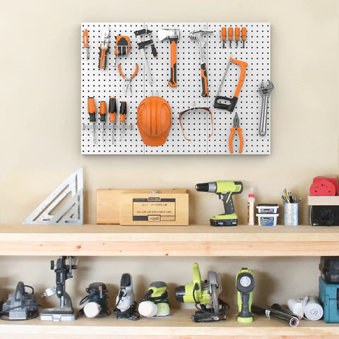 Heavy Duty Metal Pegboard Panels 12 By 24 Inches 3 Pack Grey Wall Mounted Tool Organizer Boards for garage with tools hung