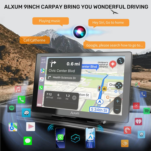 Wireless CarPlay Screen For Cars 9 Inch HD Touchscreen Portable Car Stereo with map and app interface display