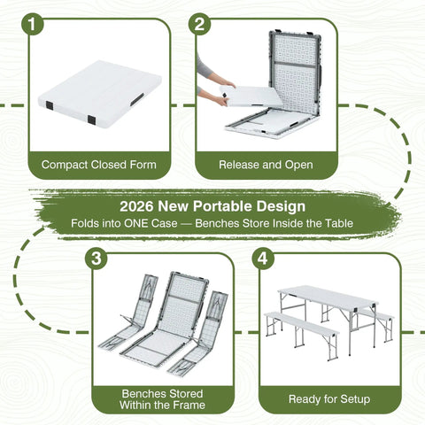 Infographic showing folding stages of Picnic Table Set With 2 Benches, 6 Feet Folding Camping Table And Chairs, Wood Grain Top, Grab And Go All In One Portable Folding Furniture For Parties, Camping, Picnics, And Weddings, White.