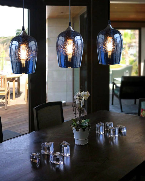 Capri Blue Teardrop Glass Pendant Lights Set For Kitchen Island And Dining Room Dope Handcrafted Bubble Art Hanging Fixtures Three Pack Seven Inch Tall Five And A Half Inch Wide Modern Ceiling Lighting over dining table with plant