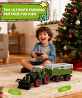 Child playing with Remote Control Tractor With Dump Trailer And Front Loader, 2.4GHz RC Tractor Toy indoors near Christmas tree.