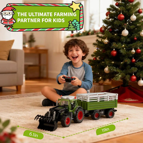 Child playing with Remote Control Tractor With Dump Trailer And Front Loader, 2.4GHz RC Tractor Toy indoors near Christmas tree.