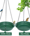 Hanging Bird Feeder And Bird Bath Combo For Outdoors Ready For Easy Setup 10 Inch Tray 16 Inch Chain Durable Plastic Includes Hole And No Hole Trays Attract Cardinals Blue Jays Crows Yard Friendly with birds on green trays