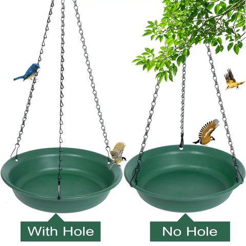 Hanging Bird Feeder And Bird Bath Combo For Outdoors Ready For Easy Setup 10 Inch Tray 16 Inch Chain Durable Plastic Includes Hole And No Hole Trays Attract Cardinals Blue Jays Crows Yard Friendly with birds on green trays