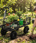 Heavy Duty Metal Garden Cart With 880 LB Load Capacity in a garden, mesh sides, oxford liner, woman planting beside, filled with plants.