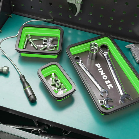 Collapsible Magnetic Parts Organizer Trays With 12 Inch Flexible Magnetic Pickup Tool 3 Size Magnetic Trays And Pick Up Sweeper For Screws Bolts Nuts Washers Pins And Metal Parts Green