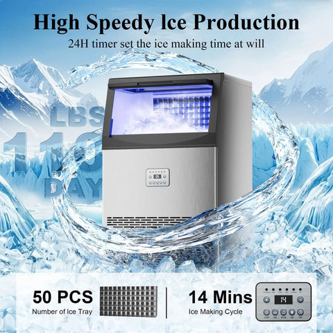 High Capacity Ice Maker Machine For Restaurant And Home That Delivers 110 Lbs Per Day, No Fuss 50 Ice Cubes Per Batch In About 14 Minutes, Stainless Steel, 33 Lbs Ice Storage, Water Filter, Self Cleaning, Under Counter Or Freestanding