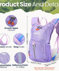 Detailed view of purple backpack from 3 Piece Kids Hydration Backpack Set With A One And A Half Liter Water Bladder, highlighting features.