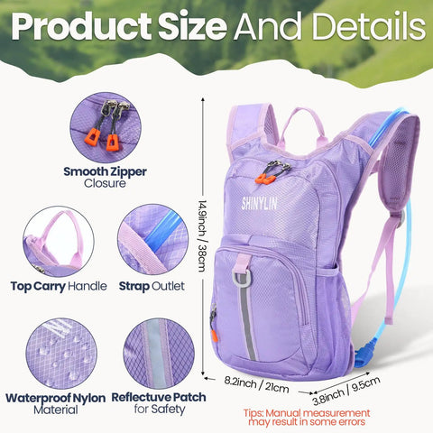 Detailed view of purple backpack from 3 Piece Kids Hydration Backpack Set With A One And A Half Liter Water Bladder, highlighting features.