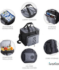 Portable Electric Cooler Bag And Thermoelectric Travel Fridge With 18 Liter Soft Sided Build DC 12 Volt Car Plug showing adjustable drawstring and storage pockets.