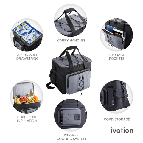 Portable Electric Cooler Bag And Thermoelectric Travel Fridge With 18 Liter Soft Sided Build DC 12 Volt Car Plug showing adjustable drawstring and storage pockets.