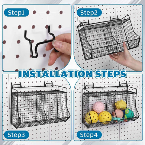 Installation steps of 2 Piece Tiered Pegboard Basket Set With 4 Hooks Black Pegboard Storage System for organized spaces.