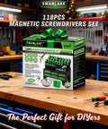 118-Piece Magnetic Screwdriver Set With Plastic Rack And Magnetizer Demagnetizer on workbench in workshop.