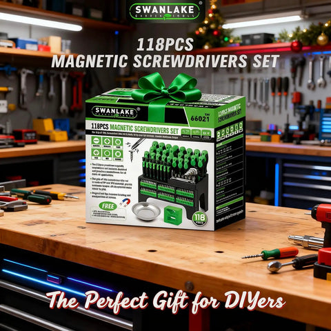 118-Piece Magnetic Screwdriver Set With Plastic Rack And Magnetizer Demagnetizer on workbench in workshop.