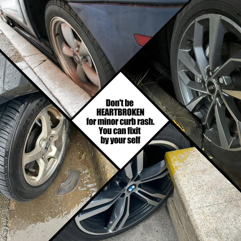 Collage of scratched car wheels for Matte Black Rim Touch Up Paint Kit For Curb Rash And Wheel Scratches