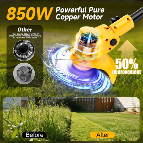 Beast Cordless Electric Weed Wacker With Wheels showcasing 850W motor and cutting performance on lawn