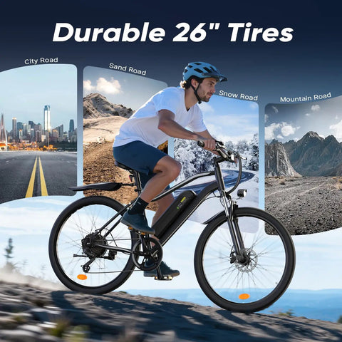 Powerful 1500W Peak Electric Bike for Adults with 26 inch tires shown on diverse terrains