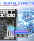 Six Channel Bluetooth Audio Mixer With USB Playback, 16Bit DSP Reverb, 48V Phantom Power, 3Band EQ, BuiltIn Echo And Effects