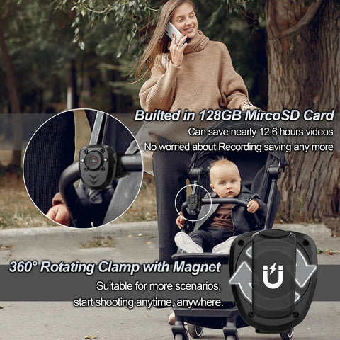 Woman pushing stroller uses Wearable Body Cam On The Job With 128GB Memory Card Night Vision IR HD 1080P Loop Recording Camera