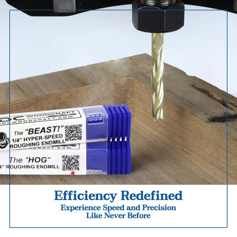 Beast And Hog Roughing Router Bit Combo Set With Quarter Inch Shank displayed on wood with CNC machine setup.