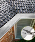 Built Tough 5 Inch Aluminum Gutter Guards 20 Pack 80 Ft Total installed on a roof edge, showing cutting with scissors for size.