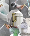 Collage showing Handheld Bidet Sprayer For Toilet In SUS304 Stainless Steel Brushed Gold Kit with various uses including cleaning and pets.