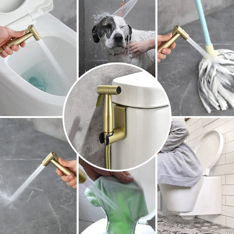 Collage showing Handheld Bidet Sprayer For Toilet In SUS304 Stainless Steel Brushed Gold Kit with various uses including cleaning and pets.