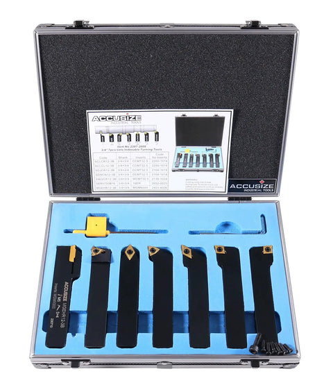 3/4 Inch Shank 7 Piece Indexable Carbide Turning Tool Set In A Fitted Box With TiN Coated Inserts, Positive Rake Cutting, Built In Chip Breaker For General Purpose Turning And Fine Finish