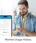 Man using phone with Make Your AC Smart With A WiFi Enabled Controller app, showing usage history on screen, casual attire.