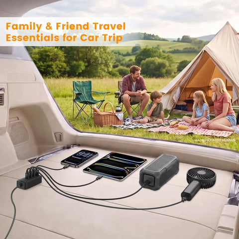 Image showing Super Fast 127.5W Usb C Car Charger With Six Powerful Ports powering devices during a family trip.