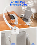 Straight Up Essential Power Strip Tower And Charging Station With Nine AC Outlets And Eight USB Ports Featuring A Super Compact Vertical Design Plus A Retractable Flat Cord For Easy Desk Organization, showing a 6ft flat plug extension cord in use.