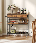 Rolling Kitchen Island With Storage, Movable Cart With Two Drawers And Built In Outlet, Three Tier Coffee Station And Microwave Stand, Rustic Brown Kitchen Island Table For Home Or Dining Prep with wine bottles and toaster