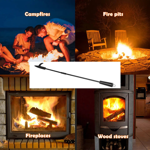 36 Inch Heavy Duty Fire Poker for Fire Pit and Campfire Use Heat Resistant Handle Solid Steel Fire Pit Tool for Fireplace Bonfire Camping Wood Stove Indoor Outdoor displayed with fireplaces, campfires, and wood stoves.