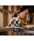 Slick Pro Grade Rugged Brushless Cordless Circular Saw 20V Max 6 1/2 Inch in action cutting lumber with precision.
