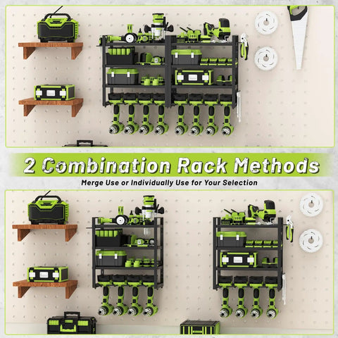 Power Tool Organizer Wall Mount With Four Detachable Tiers Heavy Duty Metal Rack Up To 300 Lbs Eight Drill Holders And Adjustable Side Racks displayed in garage setting.