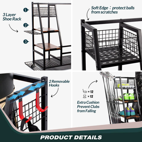 Triple Golf Bag Storage Rack With Wooden Shelf And Lockable Wheels Indoor Garage Organizer for golf bags, shoes, and gear.