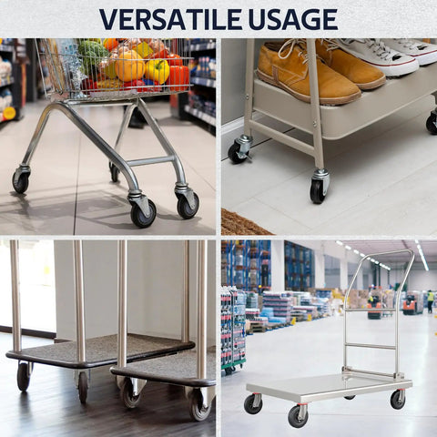 Five Inch Shopping Cart Replacement Wheels Kit displayed on carts and shelving