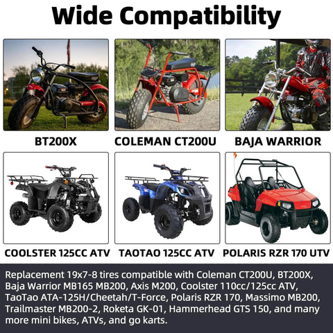 Wide compatibility for All Terrain 19x7-8 ATV UTV Tires 4PR Tubeless Off Road Set For 8 Inch Rims 48 CM Diameter 11 MM Tread 220 LB Load.