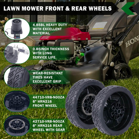 4 Pack 8 Inch Lawn Mower Wheel Kit For Honda HRN216 Front And Rear Replacements Includes Two 8x2 Inch Front Wheels And Two 8x2 Inch Rear Wheels Bore 1/2 Inch Fits 42710-VR8-N00ZA And 44710-VR8-N00ZA Rugged Heavy Duty Plastic displayed with lawn mower