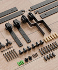 Bypass Sliding Barn Door Hardware Kit Single Track System In Carbon Steel, installation parts laid out on wooden floor