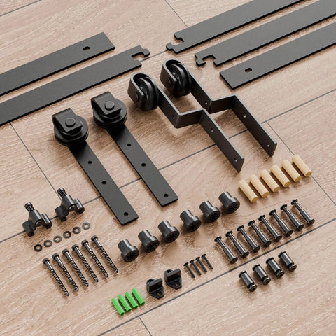 Bypass Sliding Barn Door Hardware Kit Single Track System In Carbon Steel, installation parts laid out on wooden floor