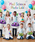Group of kids holding Six Pack Jumbo Flask Foil Balloons For Mad Scientist Party Decor Beaker Mylar Balloons