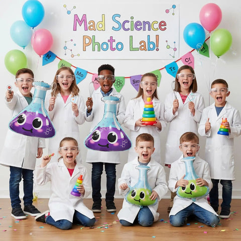 Group of kids holding Six Pack Jumbo Flask Foil Balloons For Mad Scientist Party Decor Beaker Mylar Balloons