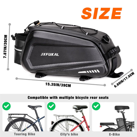 Hard Shell Waterproof Bike Rack Bag For Rear Carrier 9.5L 17L And 40L Capacities beside compatible bicycle types