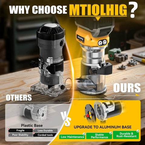 Comparison of Cordless Compact Router With 800W Brushless Motor and a competitor with plastic versus aluminum base on a workbench.