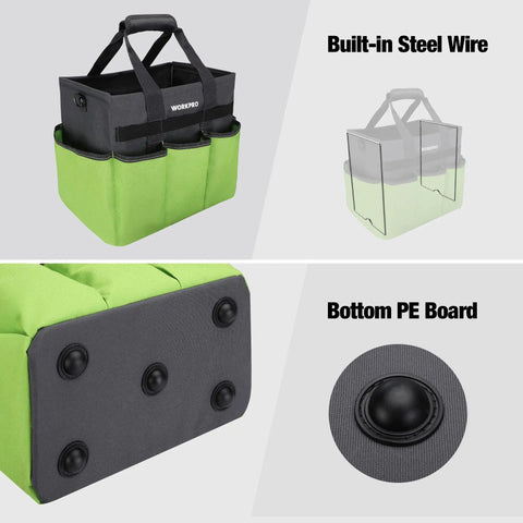 Heavy Duty Garden Tool Bag Organizer With Ten Pockets And Long Adjustable Shoulder Strap Standable Tote For Home Garden Use Green Tools Not Included Great For Pros And Weekend Gardeners, showing built-in steel wire and bottom PE board.